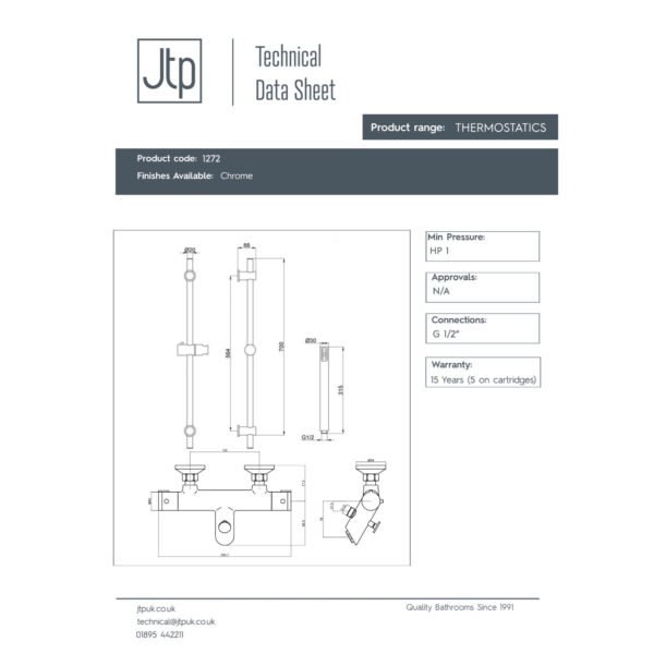 JTP Thermostatic Bath Shower Mixer & Slide Rail Kit And Multi-Function Hand Shower Chrome - Image 2