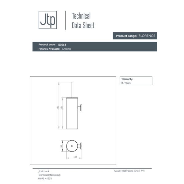 JTP Florence Wall Mounted Toilet Brush Holder Chrome - Image 2