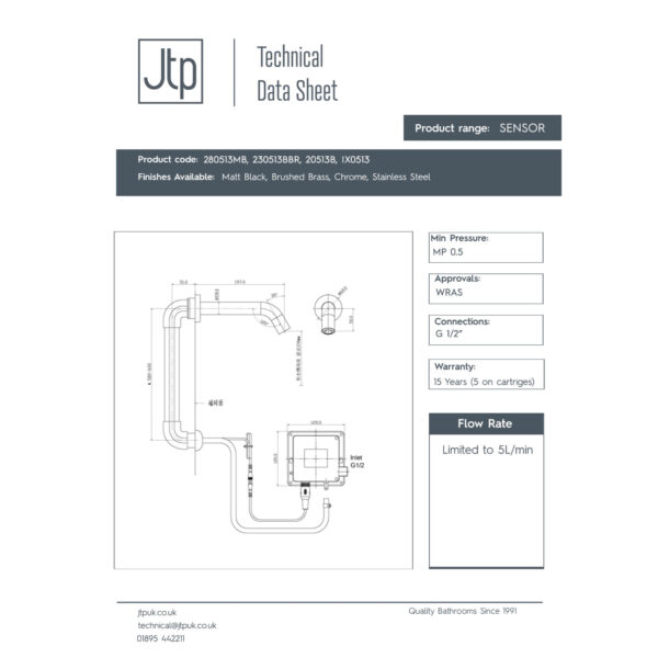 JTP Florence React Sensor Wall Mounted Spout Mains And Battery Operated Chrome - Image 2