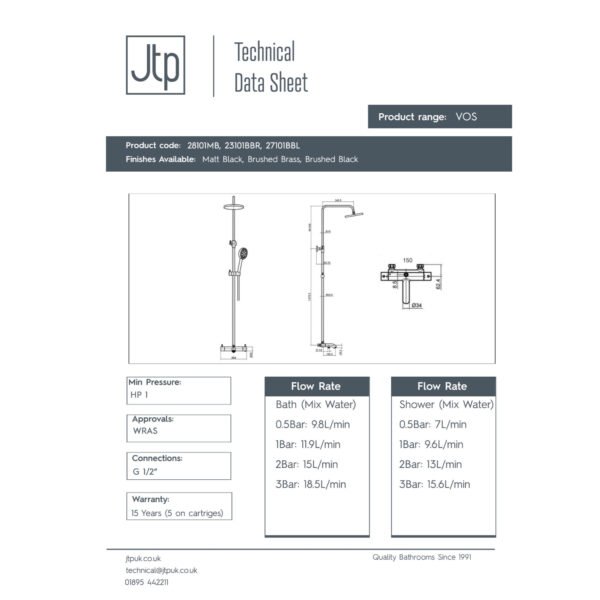 JTP Vos 3 Outlets Thermostatic Bar Valve With Adjustable Riser And Multifunction Shower Handle - Various Colour - Image 2