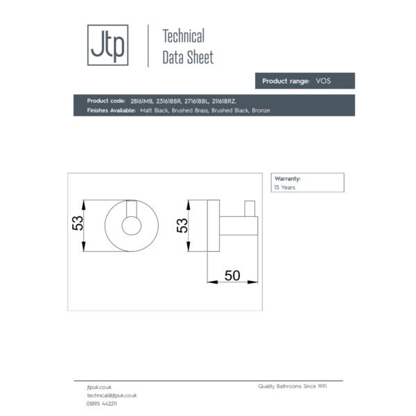 JTP Vos Wall Mounted Robe Hook - Various Colour - Image 2