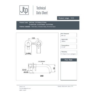 JTP Vos Single Lever Basin Mixer Tap With Slim Spout - 250mm Spout Reach - Various Colour - Image 2