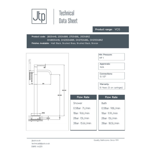 JTP Vos Floor Standing Bath Shower Mixer Tap With Kit - Various Colour - Image 2