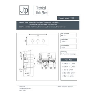 JTP Vos 2 Outlet 3 Handle Horizontal Thermostatic Concealed Shower Valve - Various Colour - Image 2