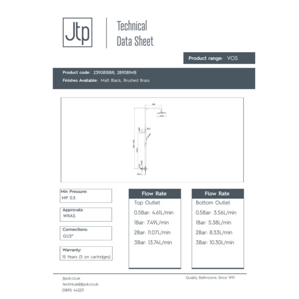 JTP Vos 2 Outlets Thermostatic Bar Valve With Adjustable Riser And Shower Kit Cool Touch - Various Colour - Image 2