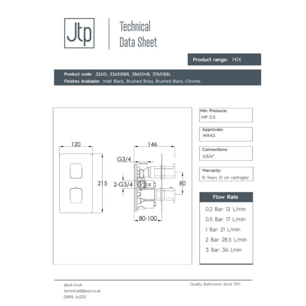 JTP Hix 1 Outlet 2 Handle Vertical Thermostatic Concealed Shower Valve - Various Colour - Image 2