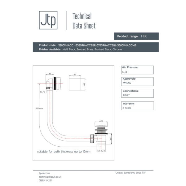 JTP Hix Exofil Pop-Up Bath Waste & Overflow Filler Chrome - Image 2