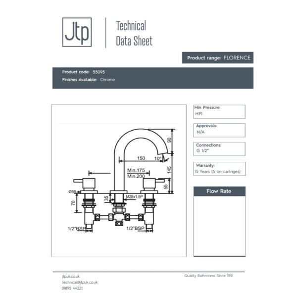 JTP Florence 3 Hole Bath Filler Tap Chrome - Image 2