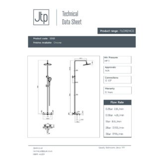 JTP Florence Thermostatic Shower Pole & Overhead Shower And Hand Shower & Bath Spout Chrome - Image 2