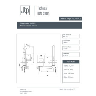 JTP Florence Wall Mounted Basin Mixer Tap & Spout 240mm Length Chrome - Image 2