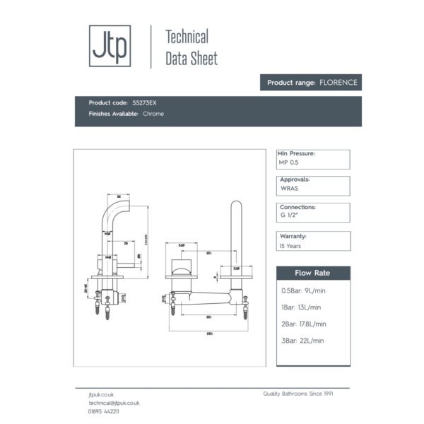 JTP Florence Wall Mounted Basin Mixer Tap & Spout 240mm Length Chrome - Image 2