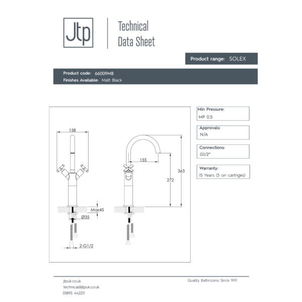 JTP Solex Tall Mono Basin Mixer Tap Swivel Spout Matt Black - Image 2