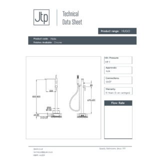 JTP Hugo Freestanding Bath Shower Mixer Tap & Kit Chrome - Image 2