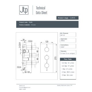 JTP Curve 2 Outlet 3 Handle Thermostatic Concealed Shower Valve Chrome - Image 2