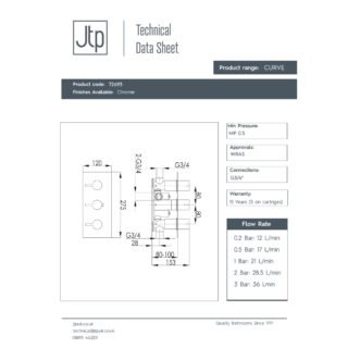 JTP Curve 2 Outlet 3 Handle Horizontal Thermostatic Concealed Shower Valve Chrome - Image 2