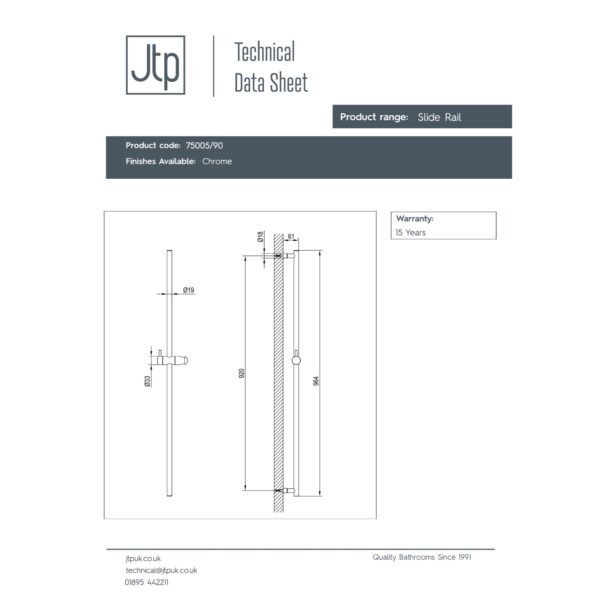 JTP Techno Shower Slider Rail Chrome - Image 2