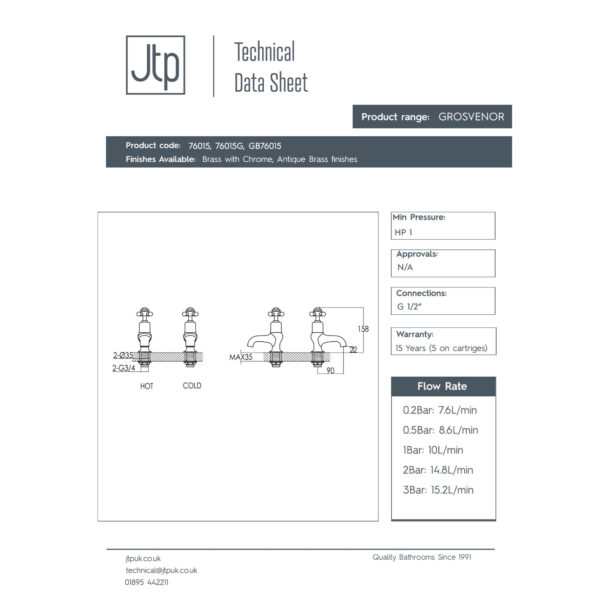 JTP Grosvenor Crosshead Bath Taps Pair - Various Colour - Image 2