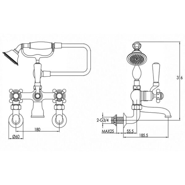 JTP Grosvenor Wall Mounted Bath Shower Mixer Tap & Shower Kit Brushed Brass - Image 2
