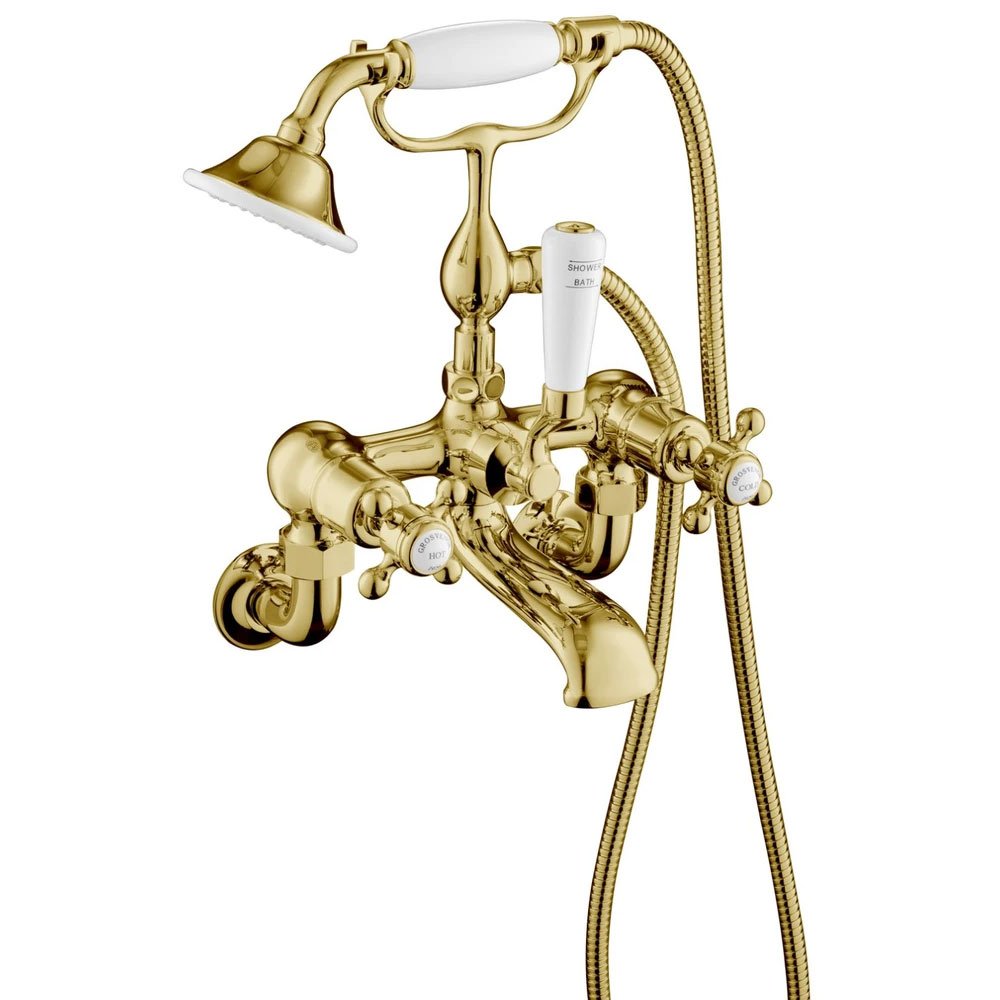 JTP Grosvenor Wall Mounted Bath Shower Mixer Tap & Shower Kit Brushed Brass