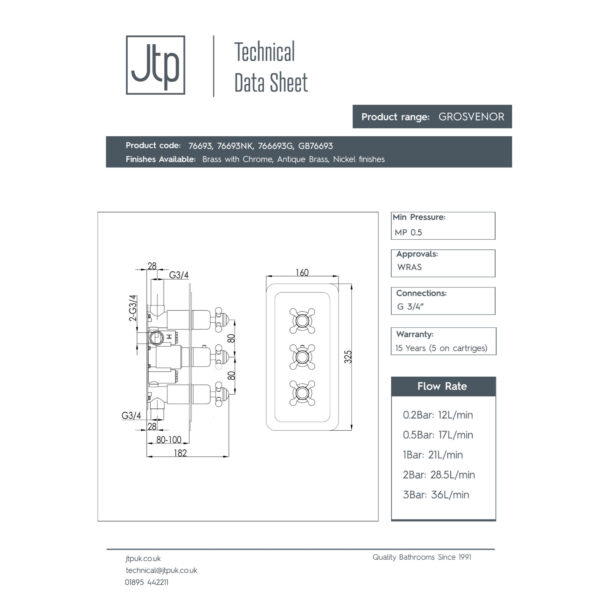 JTP Grosvenor 2 Outlet Horizontal Crosshead Thermostatic Concealed Shower Valve - Various Colour - Image 2