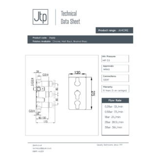 JTP Amore 2 Outlets 3 Handle Thermostatic Concealed Shower Valve Chrome - Image 2
