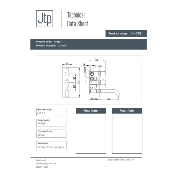 JTP Amore 2 Outlet Thermostatic Concealed Shower Valve & Attached Spout Chrome - Image 2