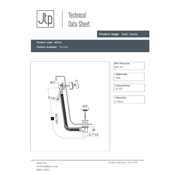 JTP Freeflow Bath Filler & Pop Up Waste 1050mm Long Chrome - Image 2