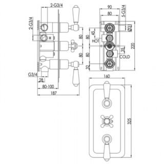 JTP Grosvenor 3 Outlets 3 Handle Horizontal Lever Thermostatic Concealed Shower Valve - Various Finish - Image 2