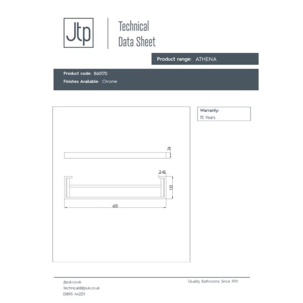 JTP Athena Twin Towel Bar 600mm Wide Chrome - Image 2