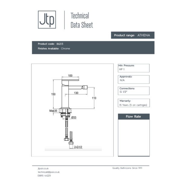 JTP Athena Mono Bidet Mixer Tap & Pop Up Waste Chrome - Image 2