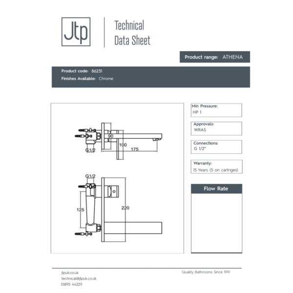 JTP Athena 2 Hole Wall Mounted Basin Mixer Tap Chrome - Image 2