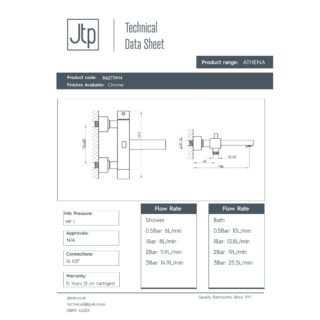 JTP Athena Wall Mounted Square Thermostatic Bath Shower Mixer Tap Chrome - Image 2