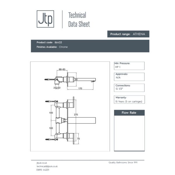 JTP Athena 3 Hole Wall Mounted Basin Mixer Tap Chrome - Image 2