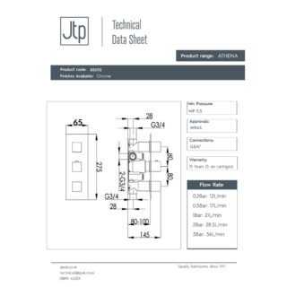 JTP Athena 2 Outlet & 3 Handle Slimline Thermostatic Concealed Shower Valve Chrome - Image 2