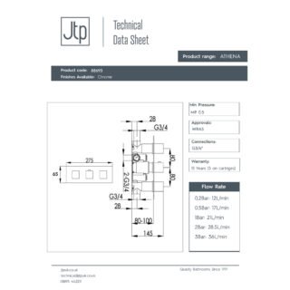 JTP Athena 2 Outlets Slimline Horizontal Thermostatic Concealed Shower Valve Chrome - Image 2
