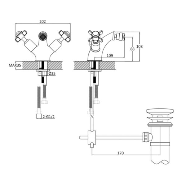 JTP Grosvenor Pinch Bidet Mixer Tap & Pop Up Waste Chrome - Image 2