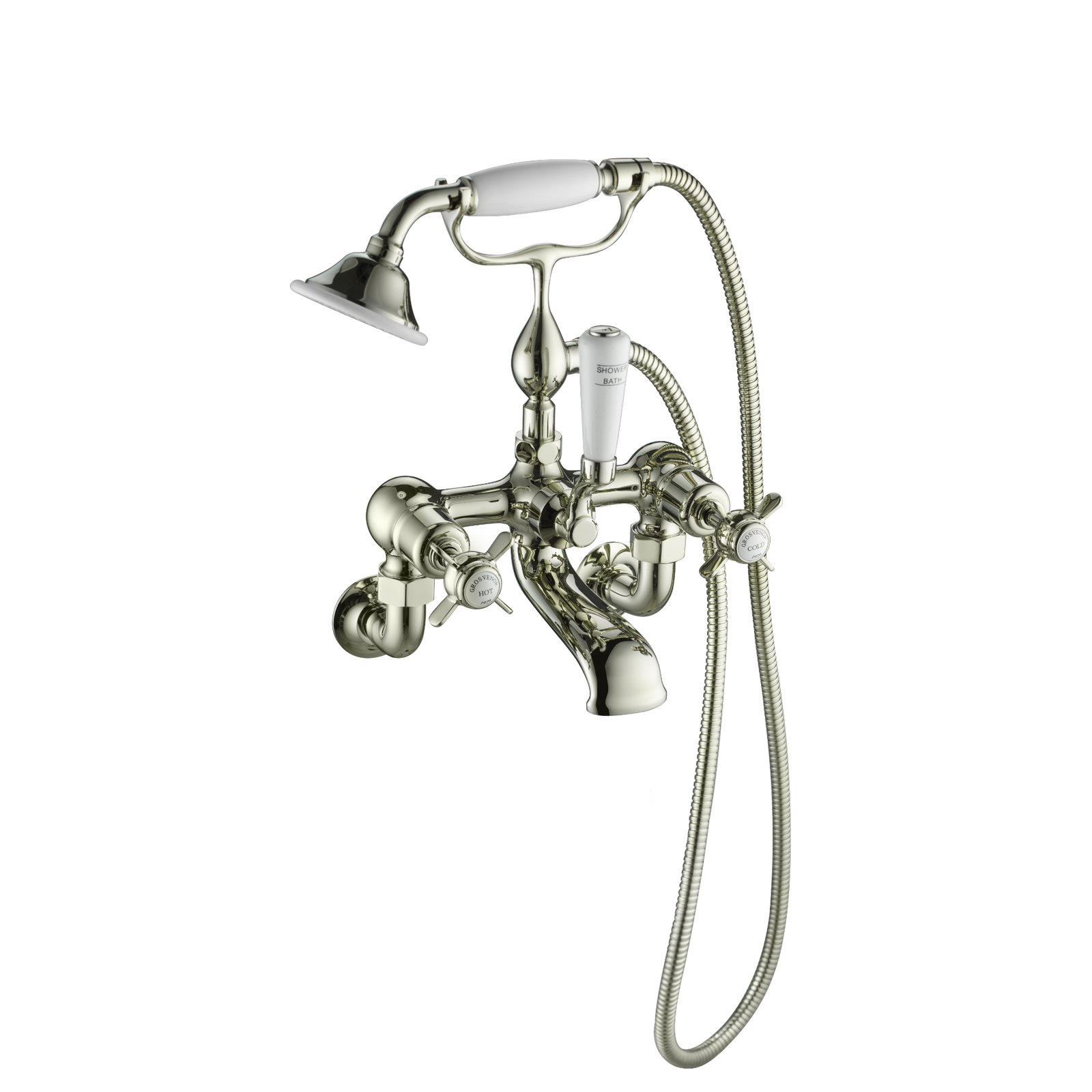 JTP Grosvenor Wall Mounted Pinch Bath Shower Mixer Tap With Shower Kit – Various Colour - Nickel