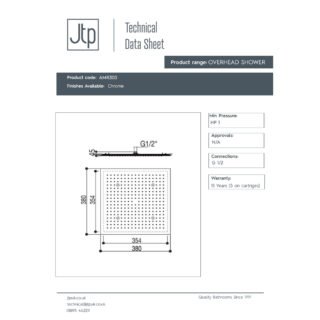 JTP Aquamist Square Ceiling Mounted Fixed Shower Head 380mm X 380mm Chrome - Image 2