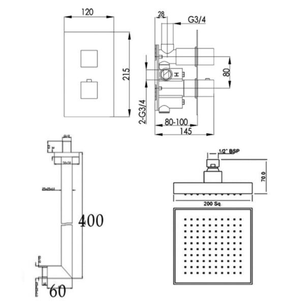 JTP Athena 1 Outlet Thermostatic Concealed Mixer Shower & Fixed Shower Head Chrome - Image 2