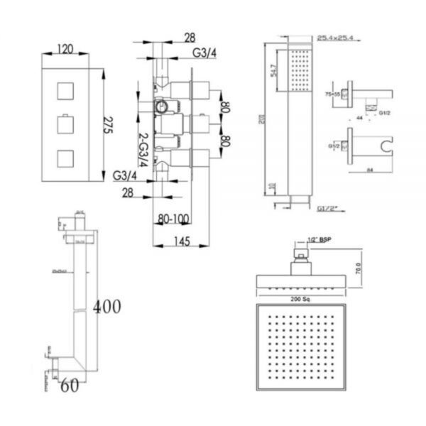 JTP Athena 2 Outlet Thermostatic Square Concealed Mixer Shower & Shower Handset Chrome - Image 2