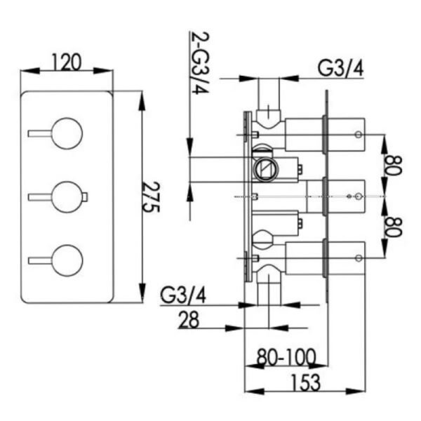 JTP Florence 2 Outlet 3 Handle Horizontal Thermostatic Concealed Shower Valve And Designer Handle Chrome - Image 2