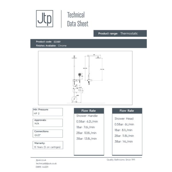 JTP Thermostatic Shower Pole & Fixed Shower Head And Shower Handset Chrome - Image 2