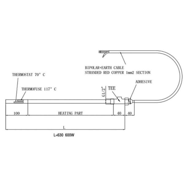 JTP Heating Element & T Piece 600w Brushed Brass - Image 2