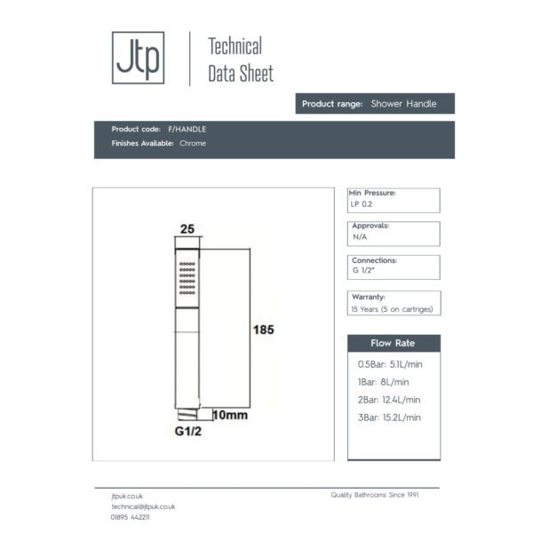 JTP Florence Slim Single Function Shower Handset Chrome - Image 2