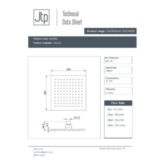 JTP Glide Ultra-Thin Square Ceiling Mounted Fixed Shower Head - Chrome - Various Diameter - Image 3