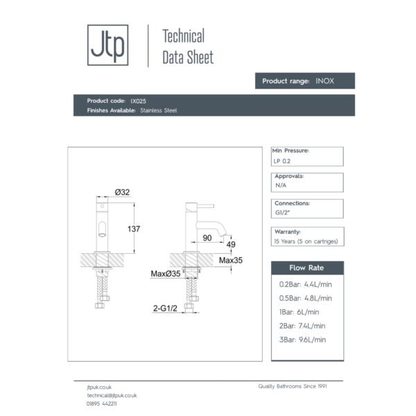 JTP Inox Mini Basin Mixer Tap Without Waste Stainless Steel - Image 2