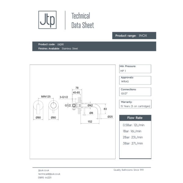 JTP Inox 2 Hole Wall Mounted Basin Mixer Tap 155mm Spout Reach Stainless Steel - Image 2