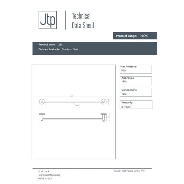 JTP Inox Single Towel Rail Stainless Steel - Image 2