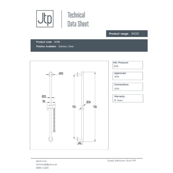JTP Inox Slider Shower Rail Kit & Single Function Handset And Hose Stainless Steel - Image 2