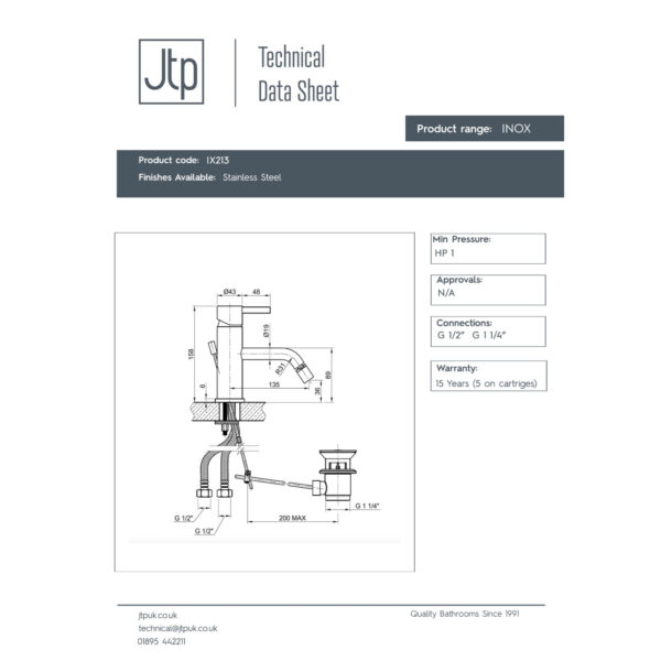 JTP Inox Bidet Mixer Tap & Pop Up Waste Stainless Steel - Image 2